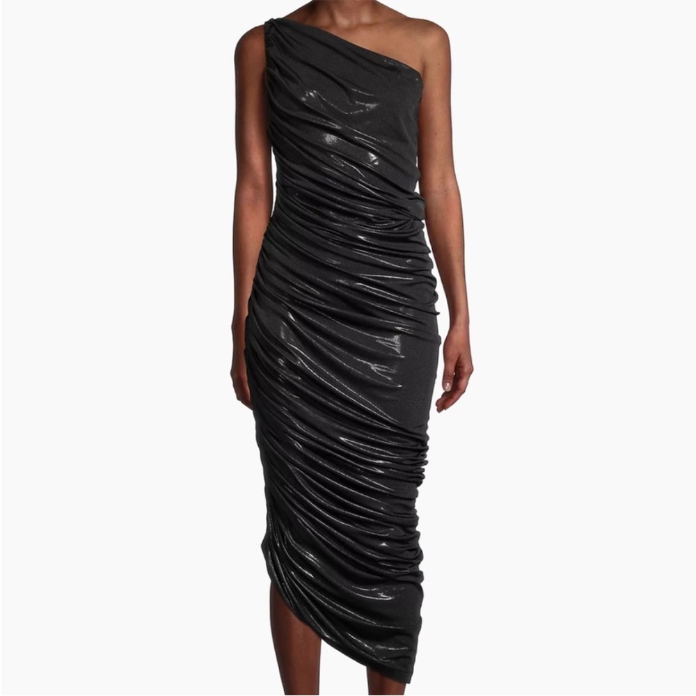Like New Norma Kamali Diana Metallic Ruched One-Shoulder Gown XS Black